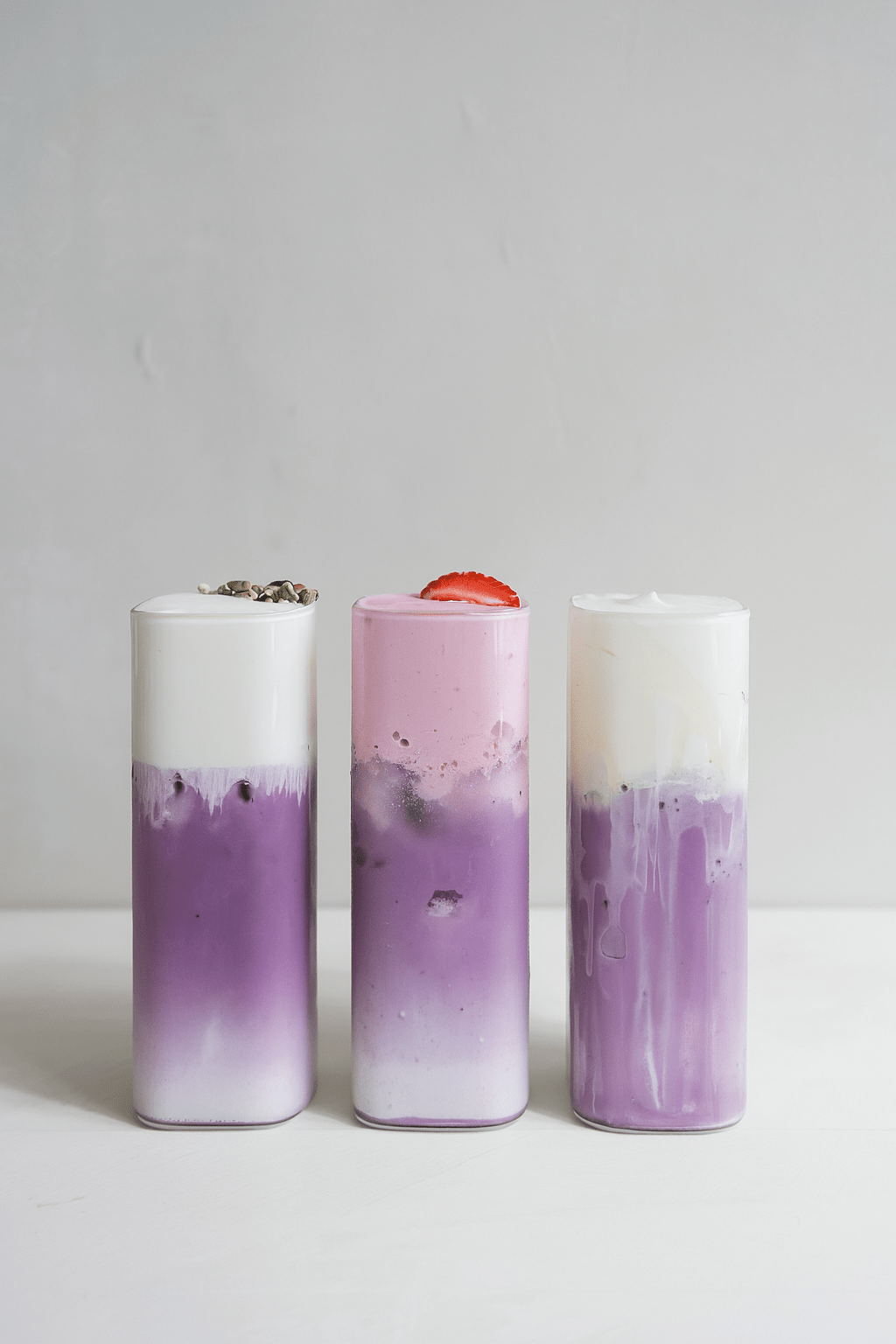 Drie iced ube lattes met verschillende toppings