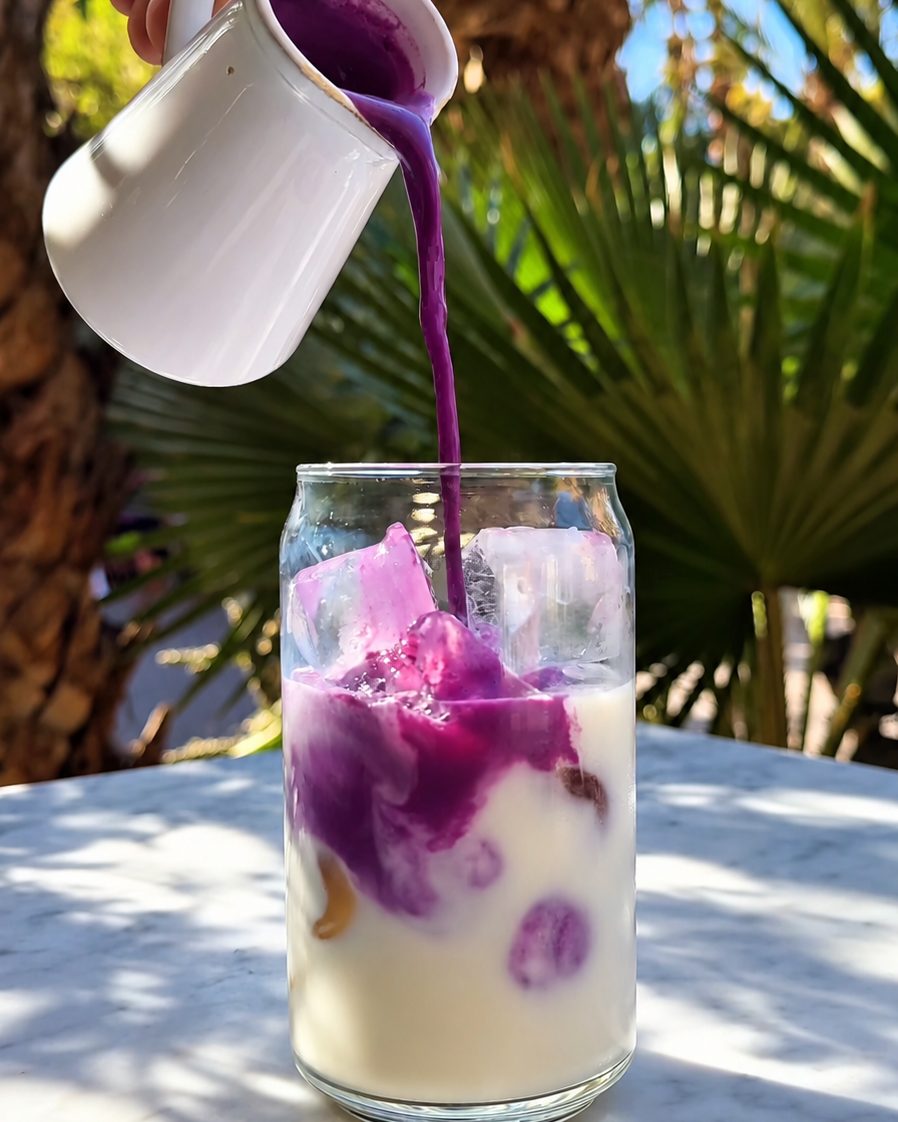 Pouring purple ube over milk and ice to make an iced ube latte