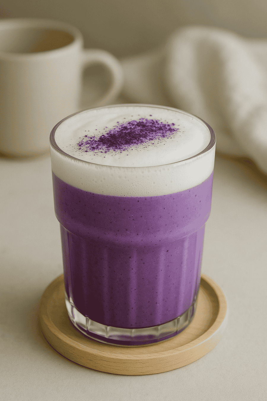 Latte chaud violet à l’ube avec mousse de lait dans un verre