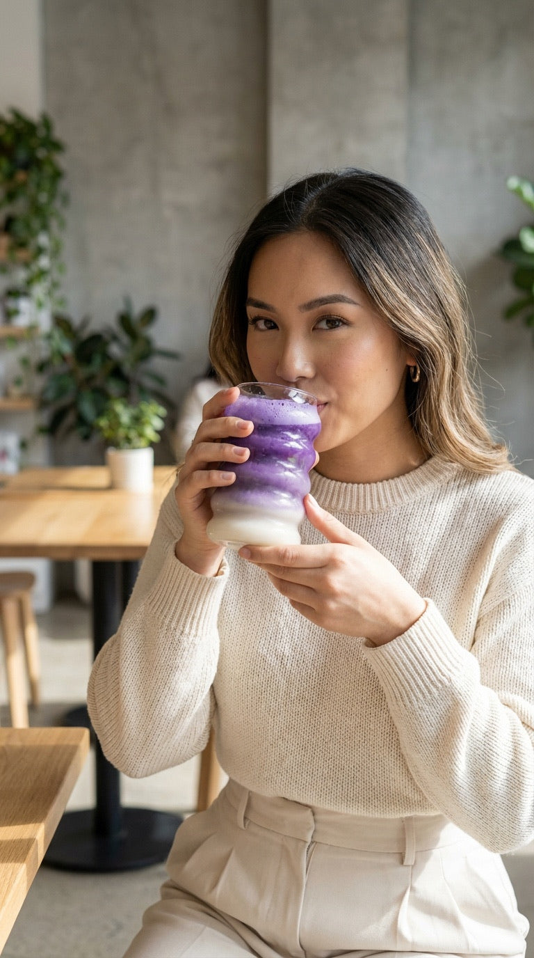 Vrouw aan tafel drinkt ube